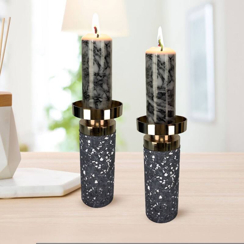 Gray Modern Cement Candlestick Set with Elegant Gold Trim Accent