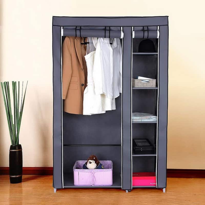 Portable Non-woven Fabric Clothes Closet Wardrobe with Hanging Rod