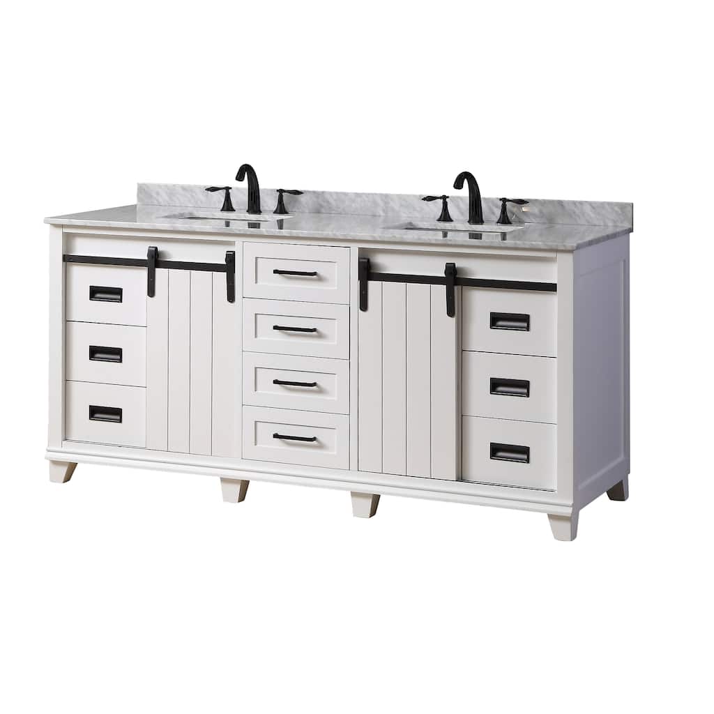 Chanceton 71 in. Vanity in White with White Carrara Marble Top with white basins