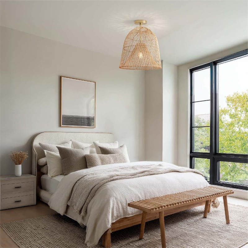 Santa Barbara Rattan Flush Mount - Rattan Natural Handwoven Ceiling Light for Living Room or Hallway in Modern, Farmhouse Style