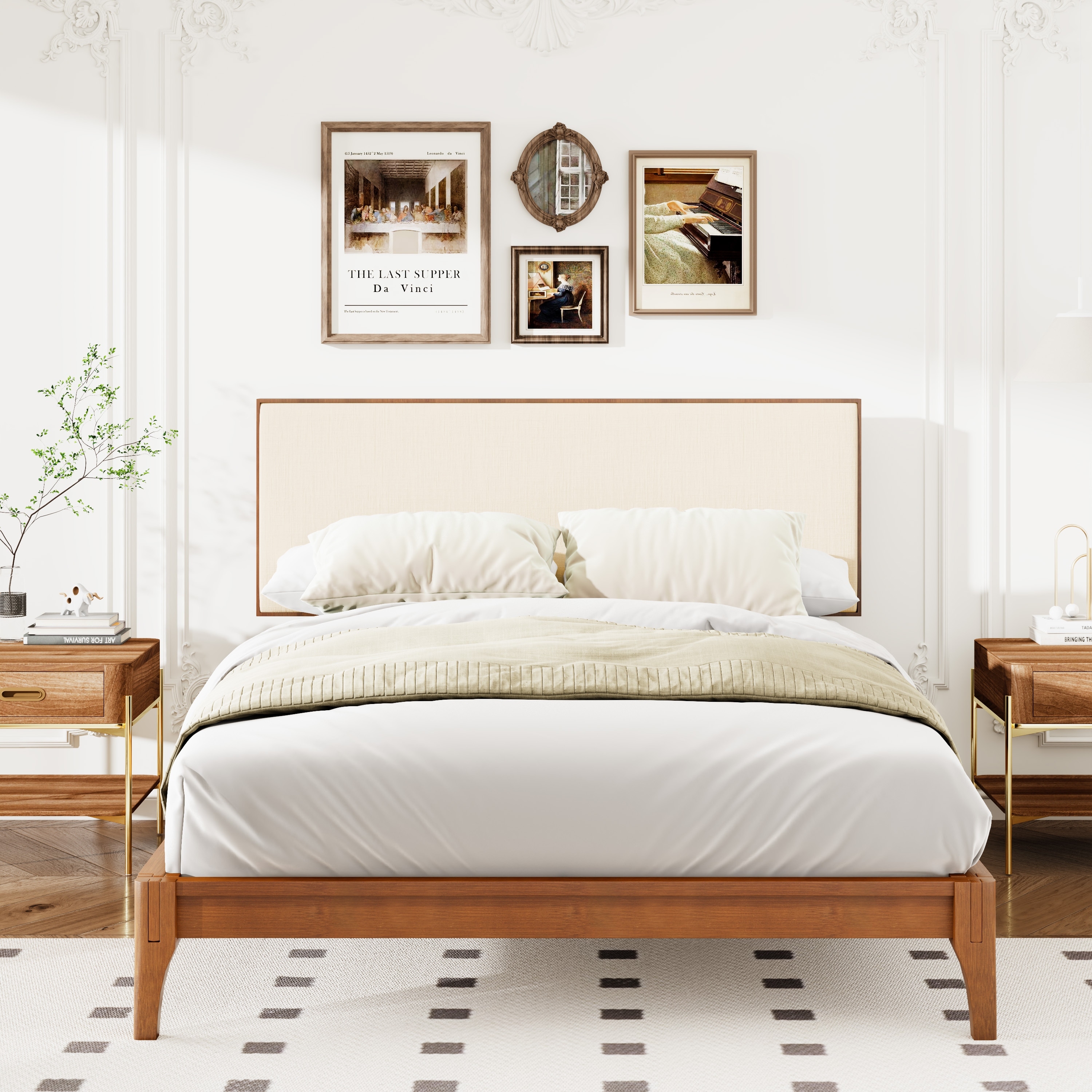 Wood Full/Queen/King Size Platform Bed with Bamboo Frame Upholstered Adjustable Headboard
