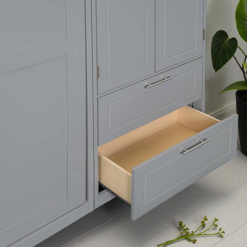 Queen Murphy Wall Bed with Top Cabinets, Shelves & Wardrobe, Space-Saving Foldable Bed with Storage