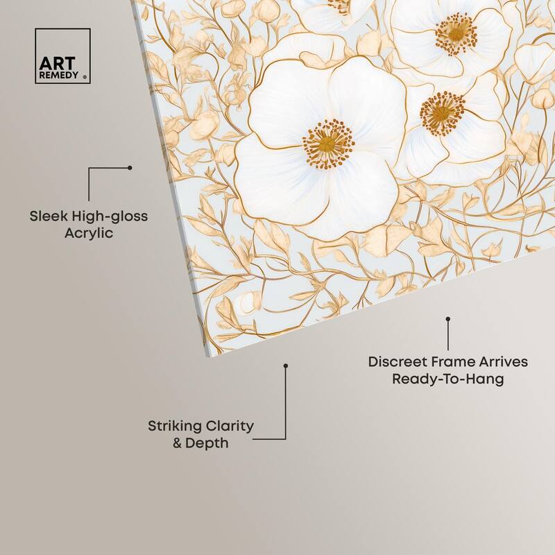 White and Gold Poppies I Acrylic by Art Remedy, Ready to Hang