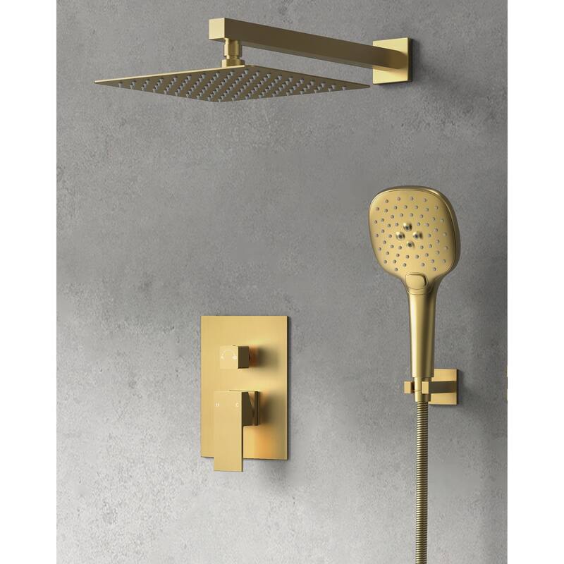 GRANDJOY 10 Inch Rainfall Shower System Pressure Balanced Shower Head with 3-Function Handheld Spray - Brushed Gold