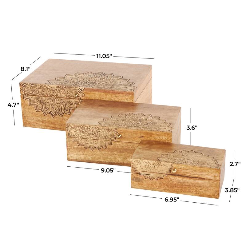 Brown Mango Wood Handmade Storage Scroll Box with Gold Accents (Set of 3)