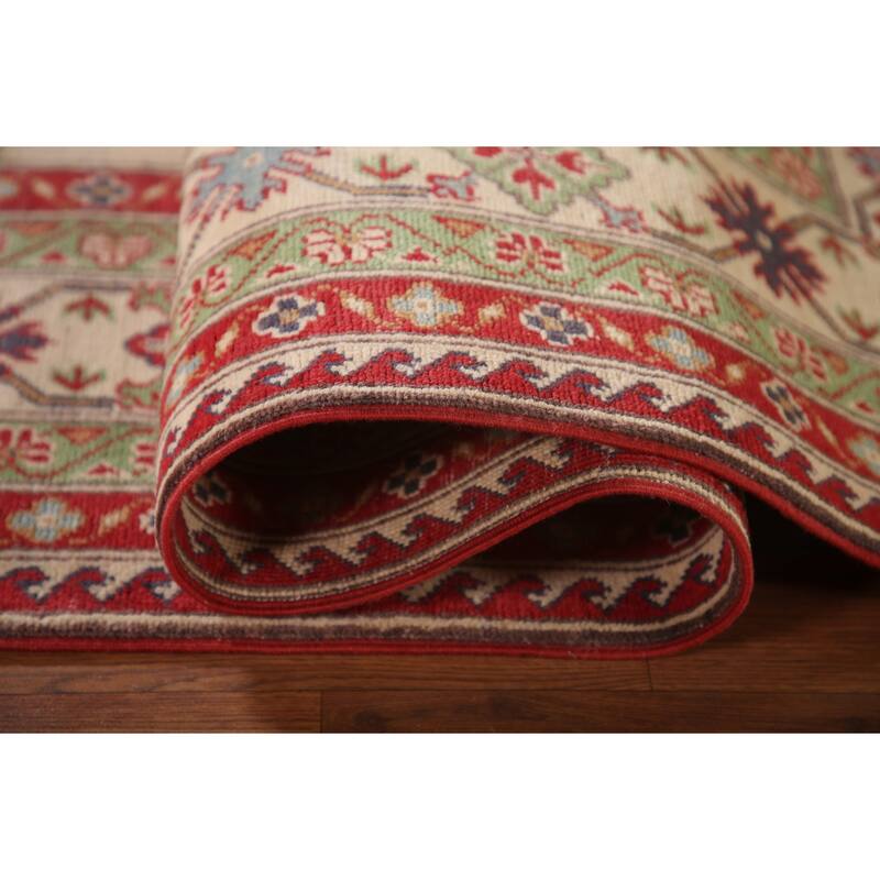 Beige Kazak Area Rug Hand-Knotted Geometric Wool Carpet - 6'6" x 9'2"