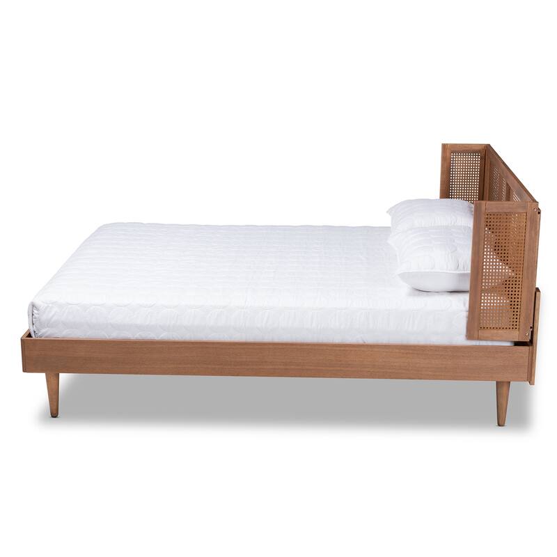 Mid-Century Modern Platform Bed - Ash Walnut Wood & Synthetic Full Size - Wrap-Around Headboard