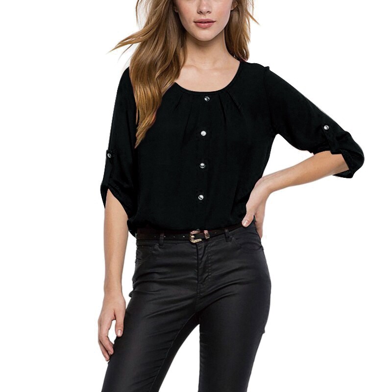 Round Neck Pleated Button Sleeves Loose Chiffon Shirt Women
