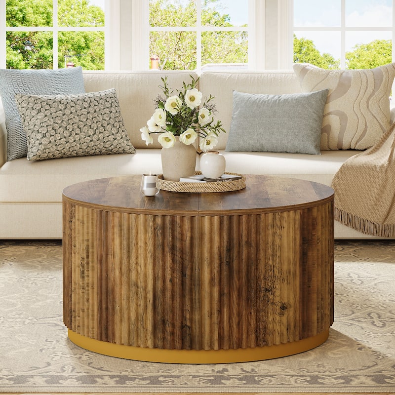 31.5" Round Coffee Table, Fluted Wooden Center Table with Sturdy Base
