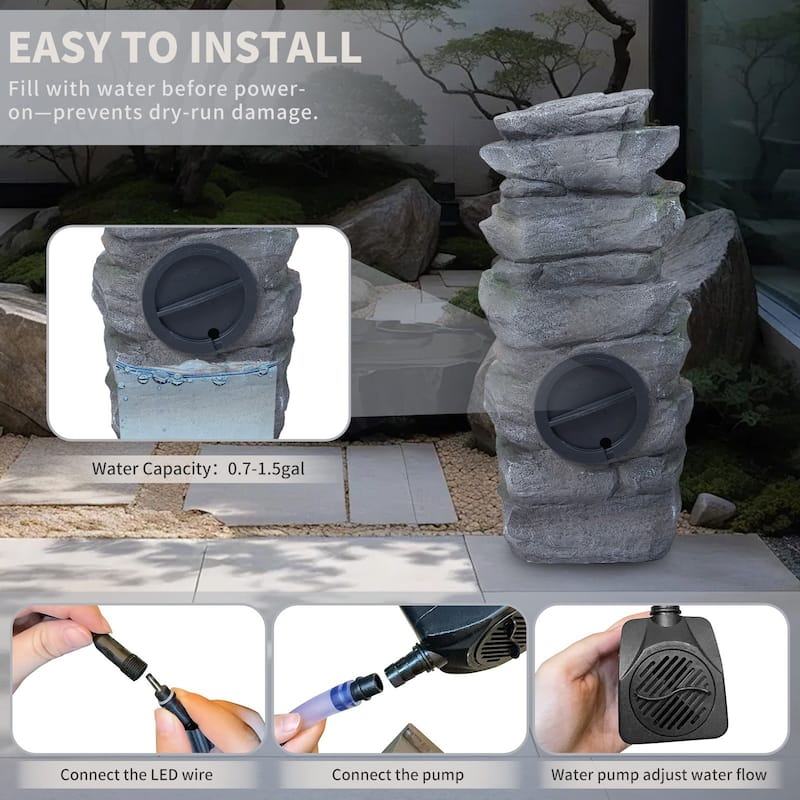 23.6 Inch Rock Waterfall Outdoor Fountain with LED Lights Resin Tiered Cascading Water Feature for Patio Garden Backyard - N/A