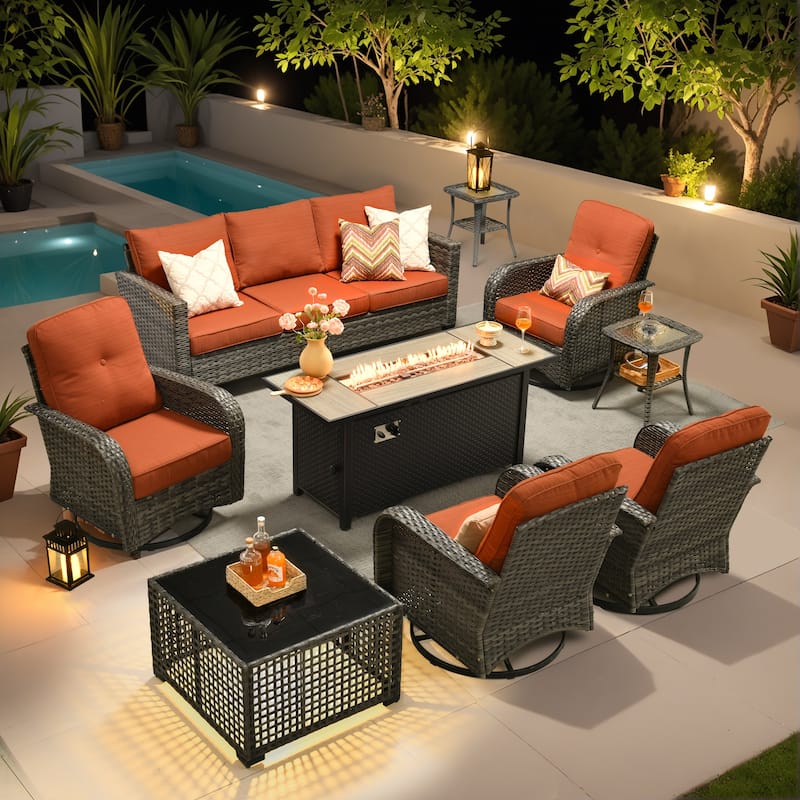OVIOS 9-Piece Outdoor Wicker Conversation Set with Fire Pit