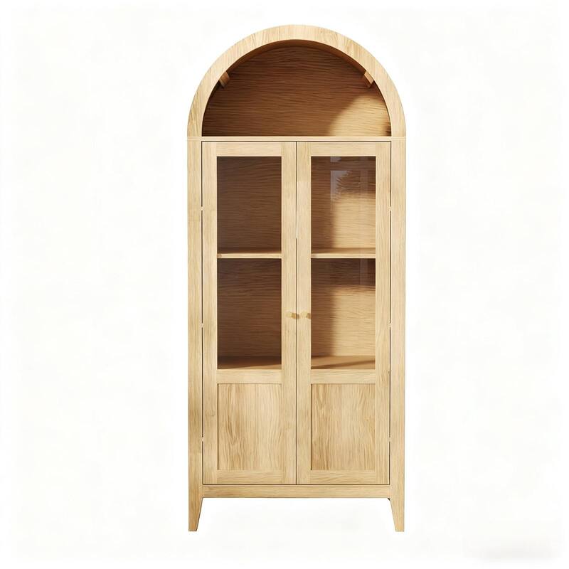 HomeRoots 30" Natural Arched Accent Cabinet With Two Glass Panel Doors