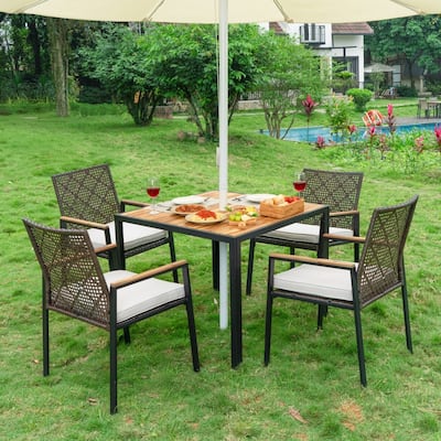 All Weather 5-Piece Patio Dining Table Sets, Patio Conversation Set Acacia Wood Table Top with Umbrella Hole, Rattan Outdoor