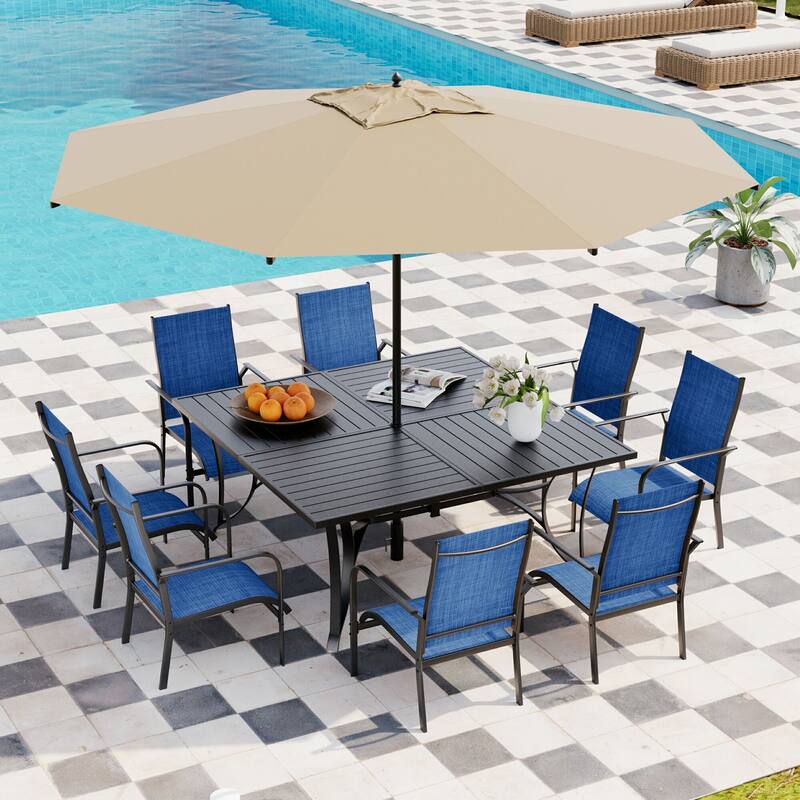5/7/9-Piece Outdoor Patio Dining Set with Stackable Textilene Chairs and Slatted Table, Furniture with Adjustable Umbrella Hole