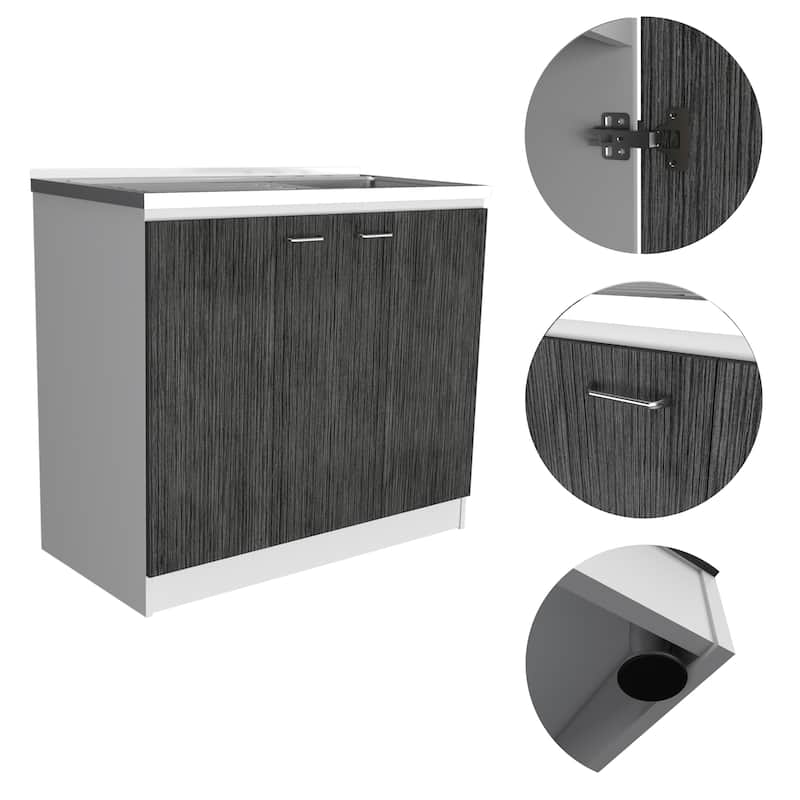 FM Furniture Oklahoma Utility Sink with Double Door Cabinet, 2 Inner Shelves, and Metal Handles