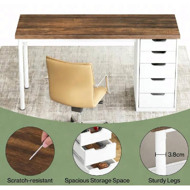 47" Home Office Writing Desk with 5 Drawers, Engineered Wood Top and White Metal Legs