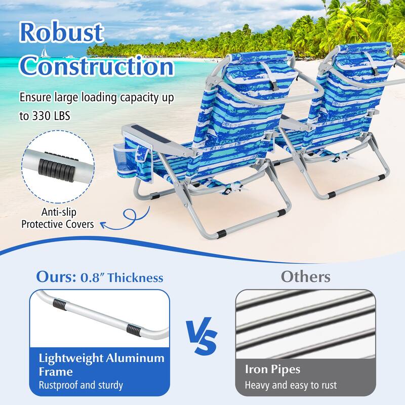 Oxford Fabric Folding Beach Chair with Adjustable Backrest, Headrest and Storage - 26" L x 25.5" W x 31" H