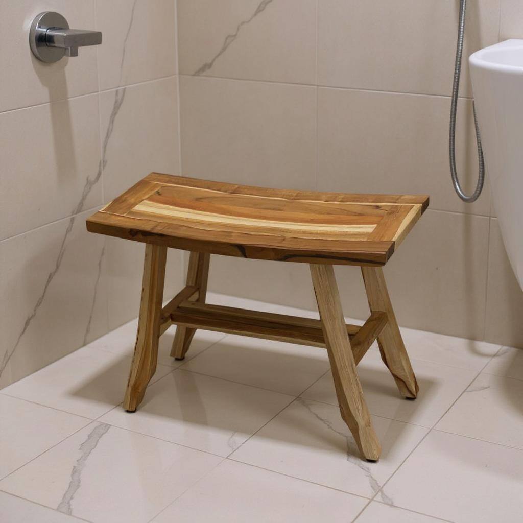 Compact Rectangular Teak Shower / Outdoor Bench in Natural Finish