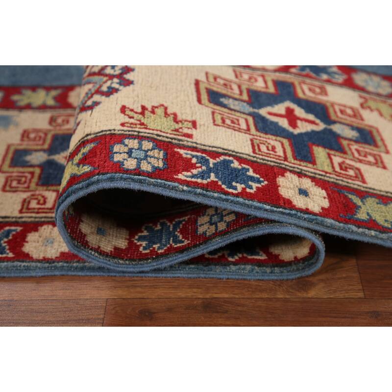 Hand Knotted Oriental 100% Wool Carpet Traditional Geometric Navy Blue & Blues Kazak Area Rug - 9' 10'' X 6' 8''