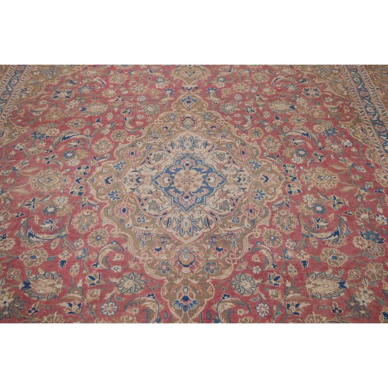 Traditional Pink Mashad Persian Vintage Rug Hand-Knotted Wool Carpet - 9'4" x 12'5"