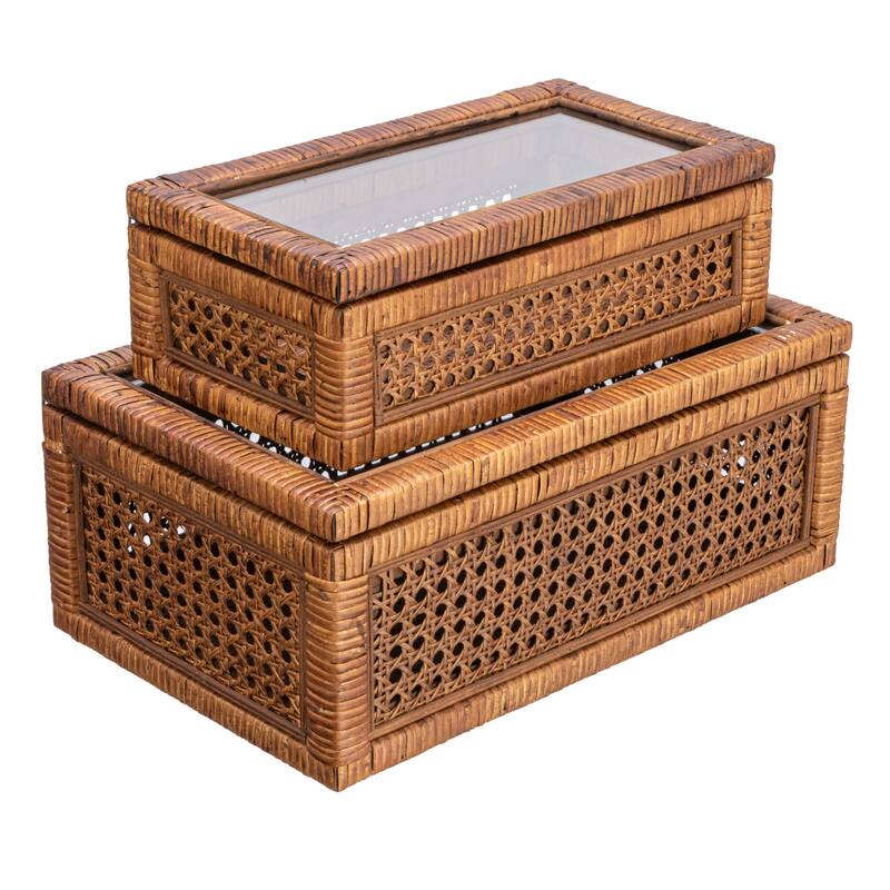 Woven Rattan Display Boxes with Glass Lids & Fir Wood Frame - Brown