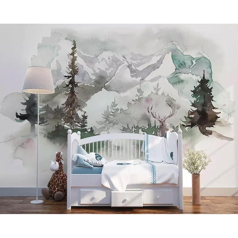 GK Wall Design Forest Winterscape Horned Deer Nordic Peel&Stick Wallpaper