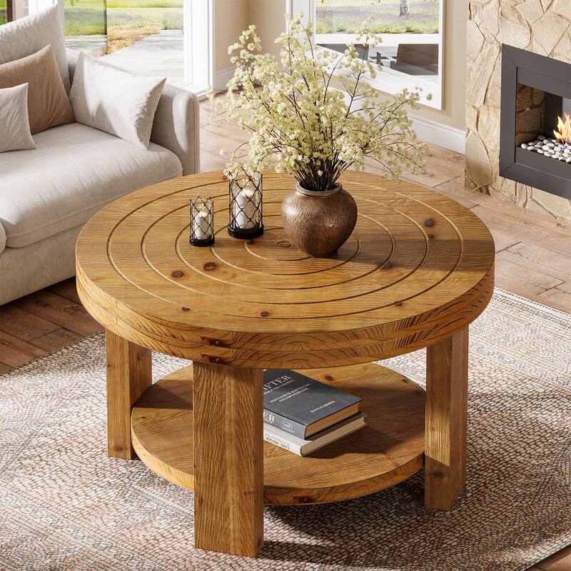 2-Tier Round Coffee Table, 31.5" Farmhouse Solid Wood Coffee Table - Brown