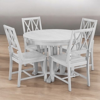 5-Piece Solid Wood Extendable Round Dining Table Set with Removable ...