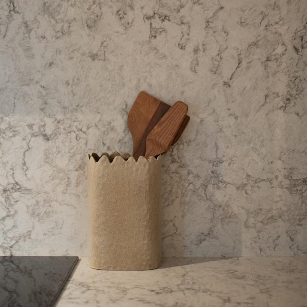 Textured Ceramic Vase with Wavy Edge - 7.75" - Beige