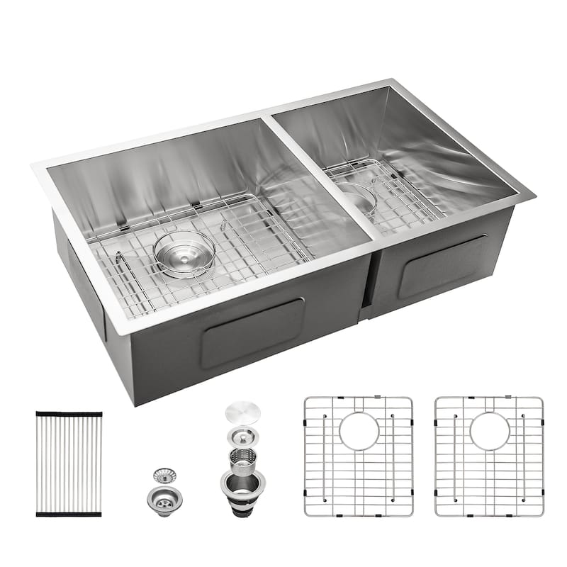 Undermount 16 Gauge Double Bowl Stainless Steel Kitchen Sink in Brushed Nickel - 33'' x 19'' x 9''