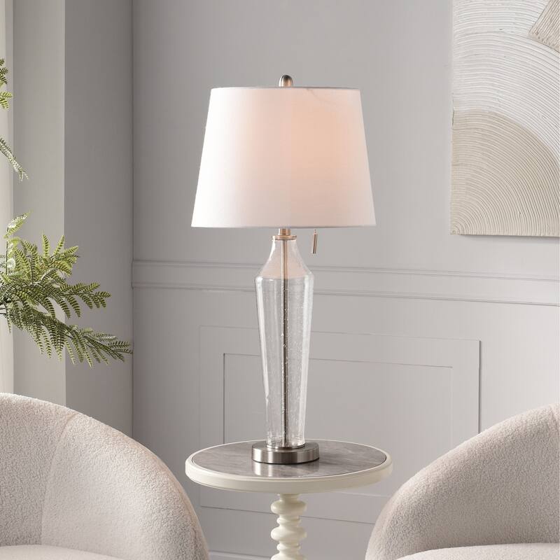 StyleCraft Glass Table Lamp - Clear Seeded & Brushed Steel - White Shade