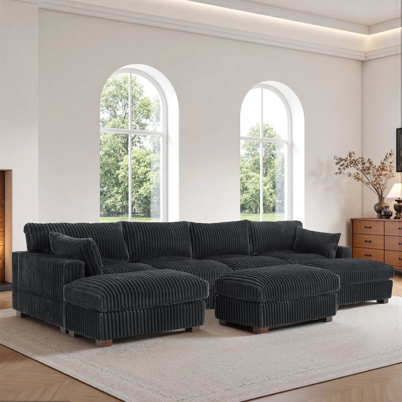 Oversied Plush Corduroy Fabric Modular Sectional Sofa with Chaise, Ottoman - Right Facing - Grey-6 Pieces