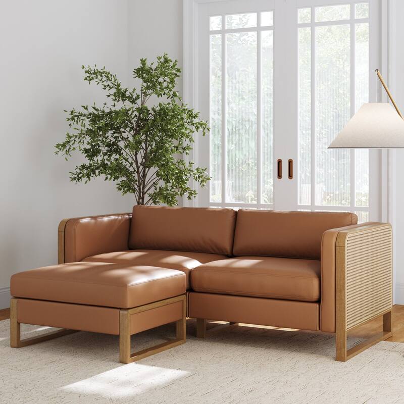 Madison Modern Upholstered Modular Sofa or Couch for Living Room with Solid Wood Legs - Loveseat + Ottoman - Camel/Light Brown/Rattan
