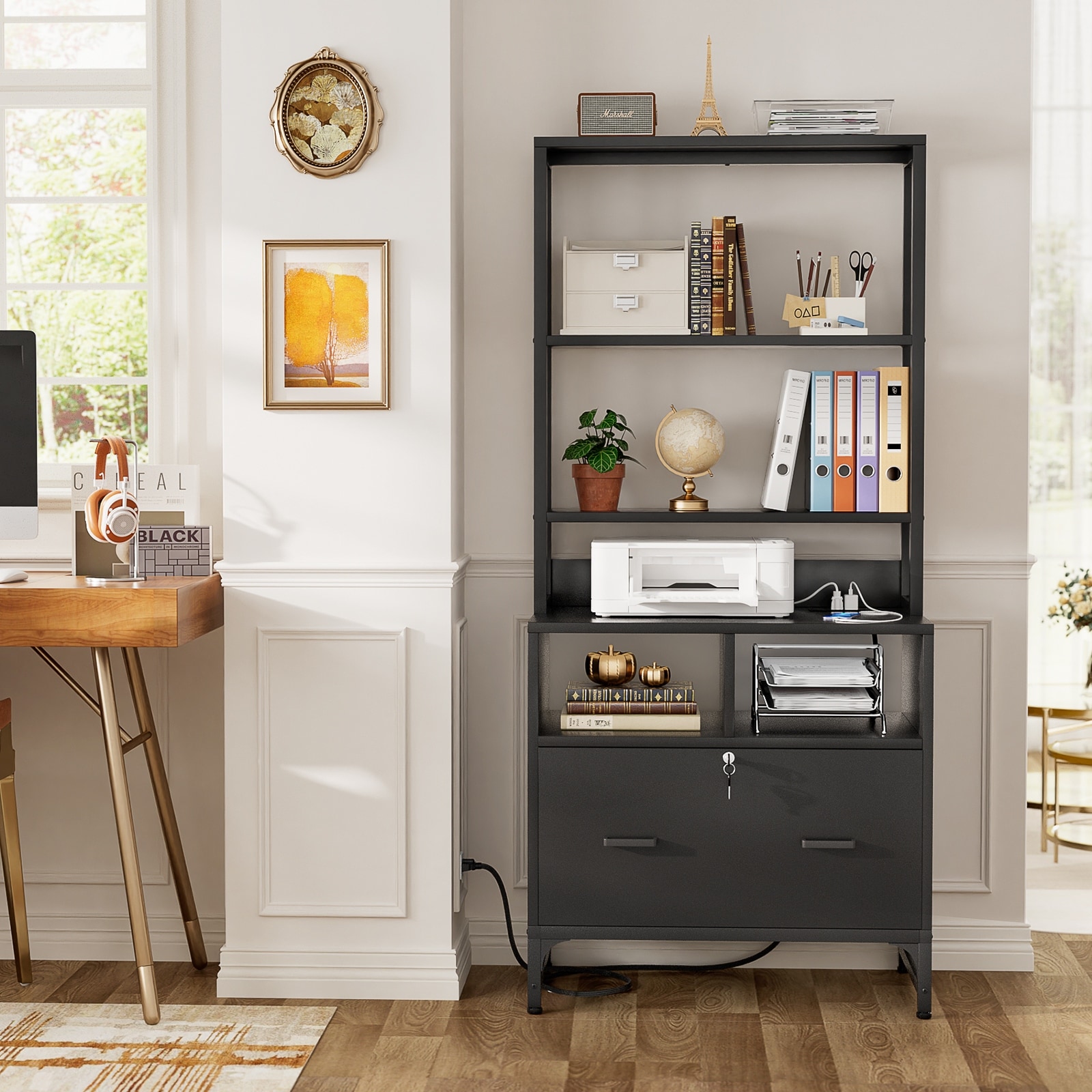 61''H Office File Cabinet with Locked Drawers and Hutch, Sideboard with USB Station and Hutch
