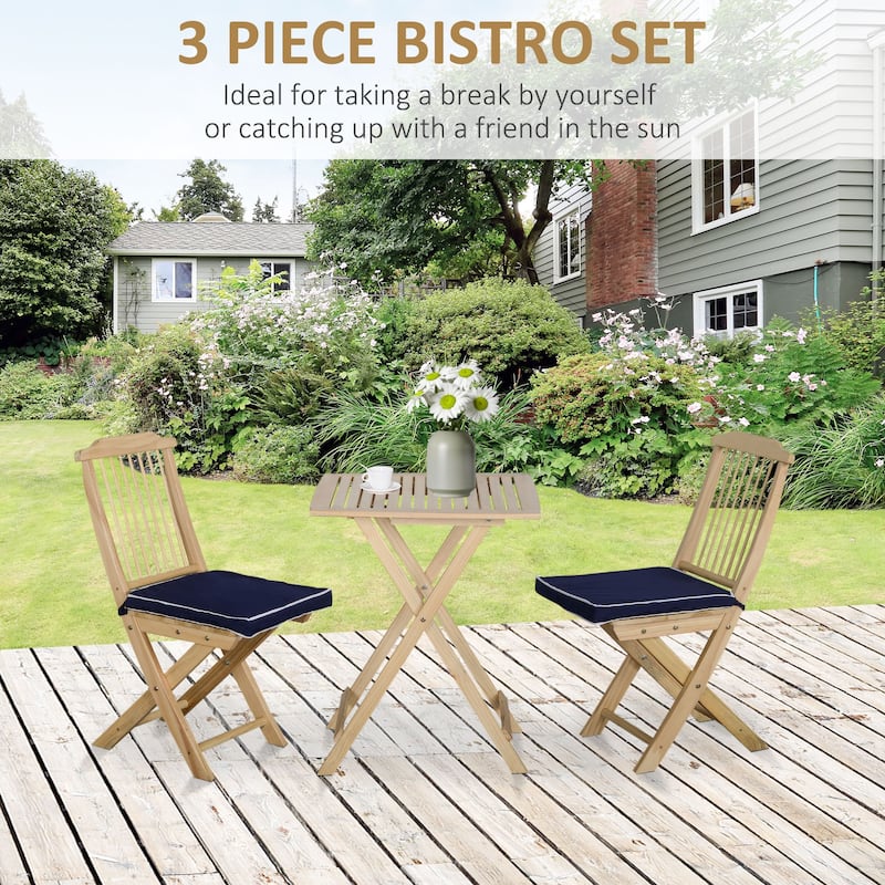 3 Pieces Patio Folding Bistro Set, 1 Pine Wood Square Coffee Table & 2 Chairs with Tie-on Cushion