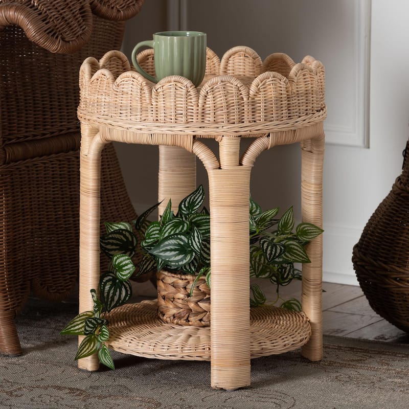 Latoya Natural Rattan End Table - Handwoven Wicker 2-Tier Side Table with Scalloped Border for Living Room or Bedroom