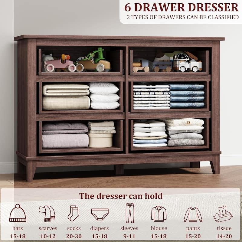 47" Wide 6-Drawer Dresser, Wooden Storage Cabinet