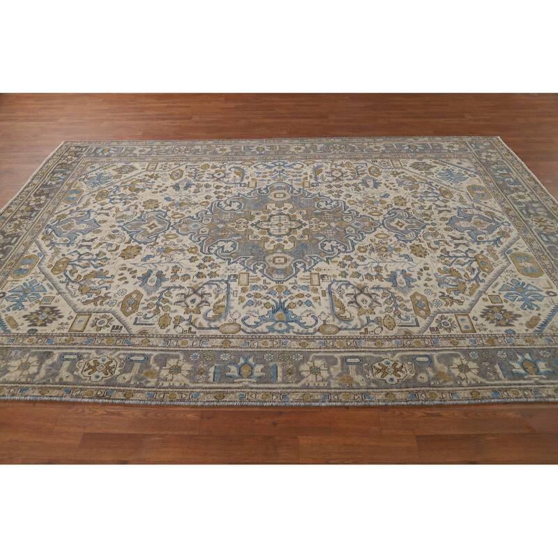 Hand Knotted Oriental 100% Wool Carpet Traditional Floral Beige & Ivories Tabriz Area Rug - 9' 7'' X 6' 6''