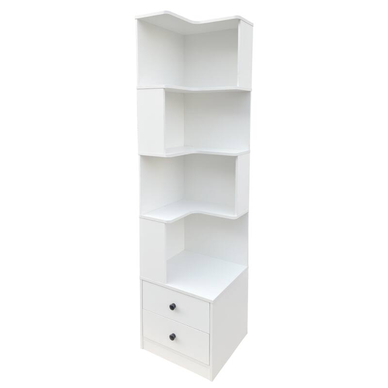 L-Shaped Corner Bookshelf with Drawers and LED Lights, 4-Tier Freestanding Display Stand for Home Office