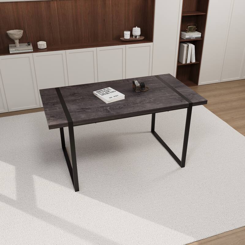59 " dining table modern industrial rectangular, 1.5" thick engineering wood tabletop and black rectangular metal legs