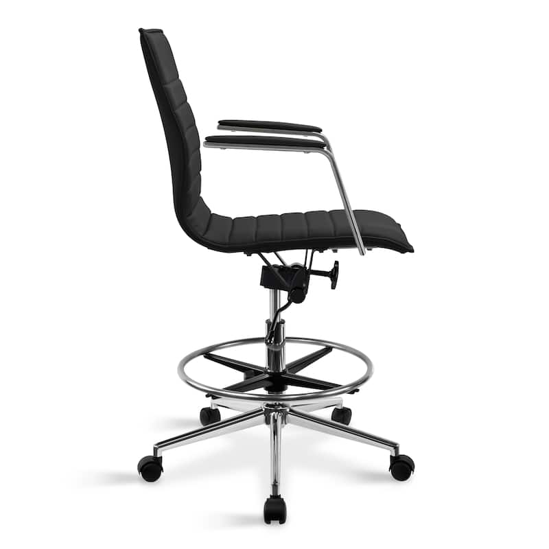 Modern Drafting Chair | Upholstered PU Leather Ribbed Mid Back with Tall Adjustable Base & Leg Rest | Tilt Lock, Swivel |