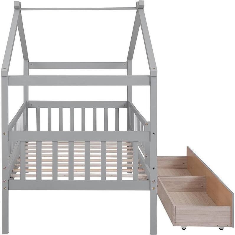 Twin House Bed with 2 Storage Drawers,Rails and Roof for Kids