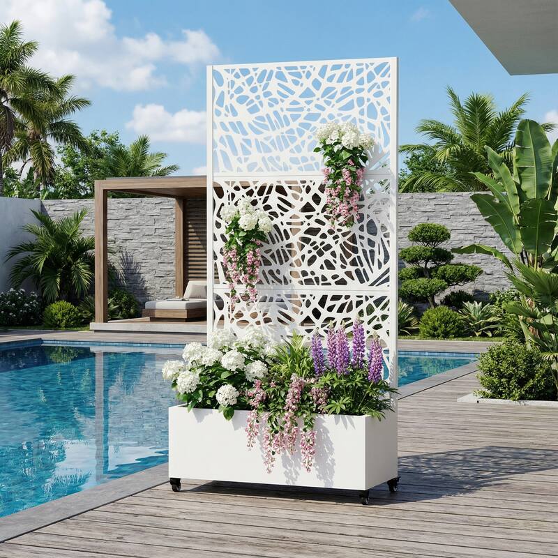 Metal Galvanized Planter Box with Trellis Privacy Screen Lockable Wheels - White-Rectangle - 72"x35"