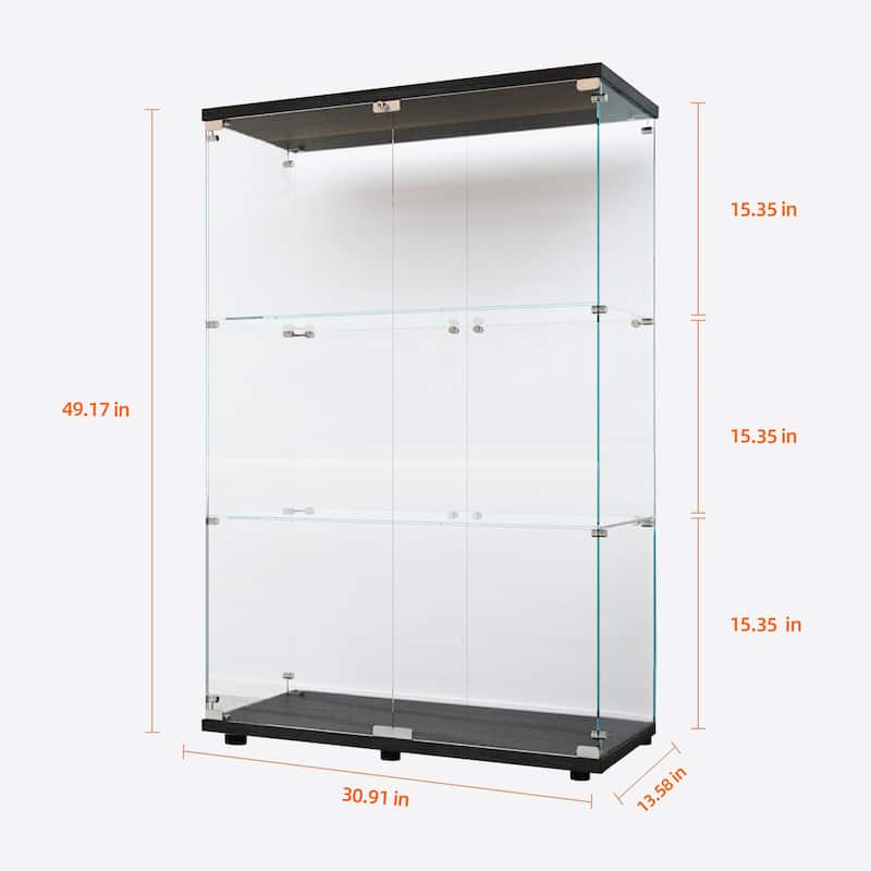 Modern Tempered Glass Storage Cabinet with Battery-Powered Light, Adjustable Floor Feet, Wine & File Display Case