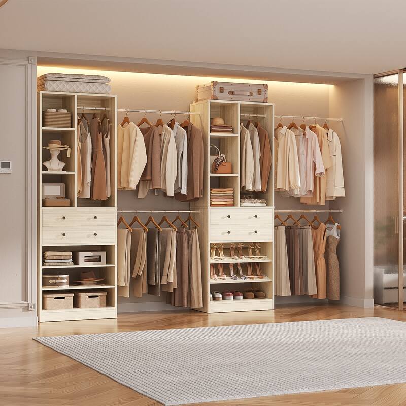 Set of 2 Closet System with 6 Hanging Rods and 4 Drawers, Adjustable Closet System with Shelves and Shoe Rack