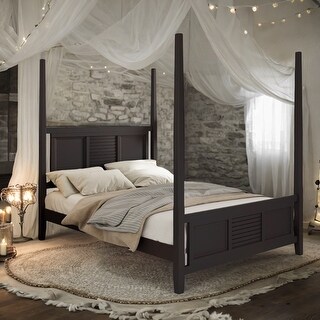Espresso Queen Size Traditional Pine Solid Wood Four Poster Bed