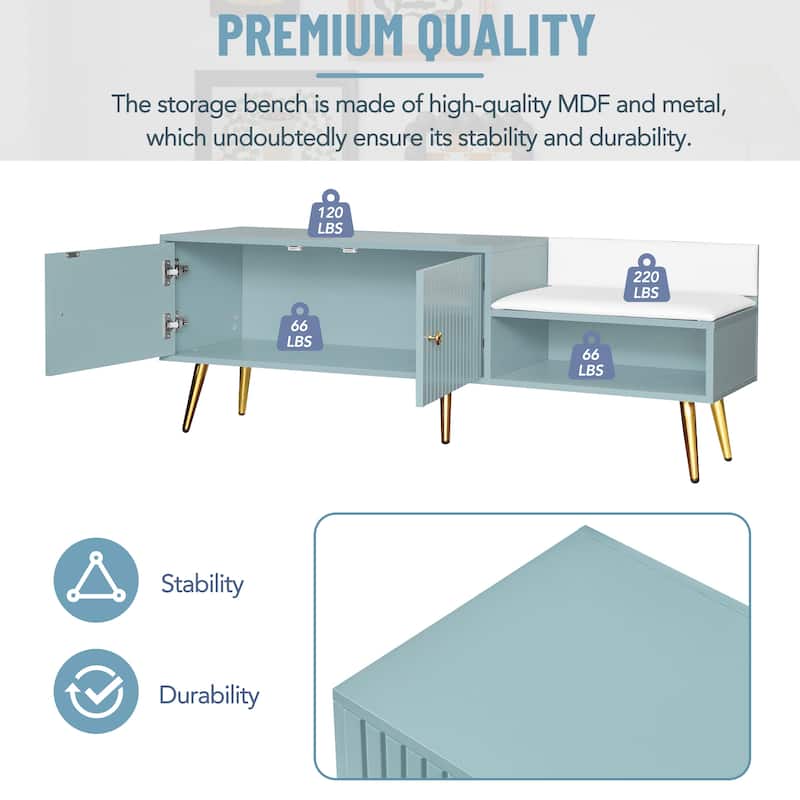 Upholstered Storage Bench with Hidden Storage,Metal Handles and Legs