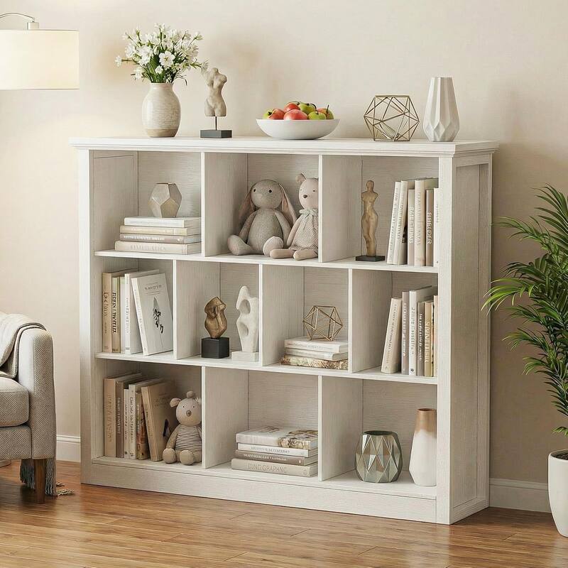 7/10 Cube Bookcase Organizer with Backpanel, 50" Wooden Storage Book Shelf for Living Room, Bedroom, Home Office, Kids Room - Antique White - 10 Cube (13.4"D x 50"W x 38.6"H)