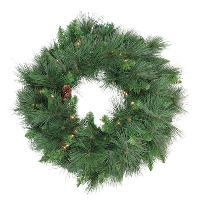 White Valley Pine Artificial Christmas Wreath 24-Inch, Clear Lights