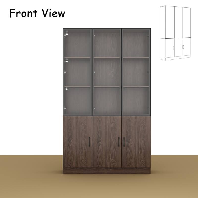 Bookshelves Bookcase Modular Glass Display Cabinet with LED Lights, Dark Wood Storage Combination Cabinet System